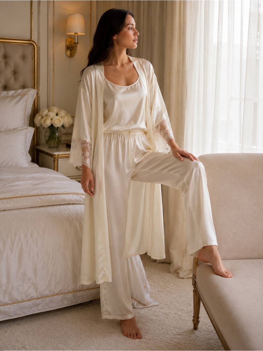 Intimissimi Silk Set 4 pcs - Robe, tank top, pants and panties Lace Trim - Cream - Picture 1 of 16